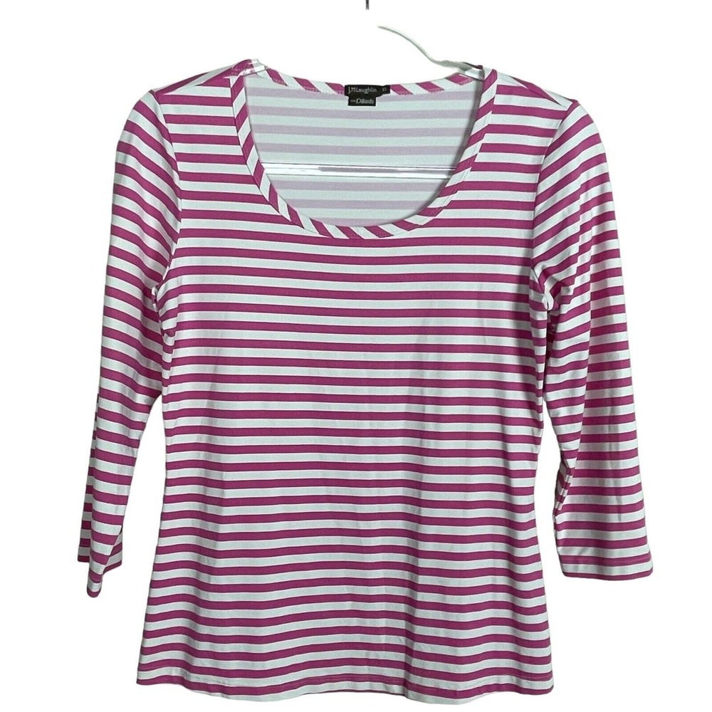 J.McLaughlin Top Women XS Pink White Striped 3/4 Sleeve Scoop Neck Nautical